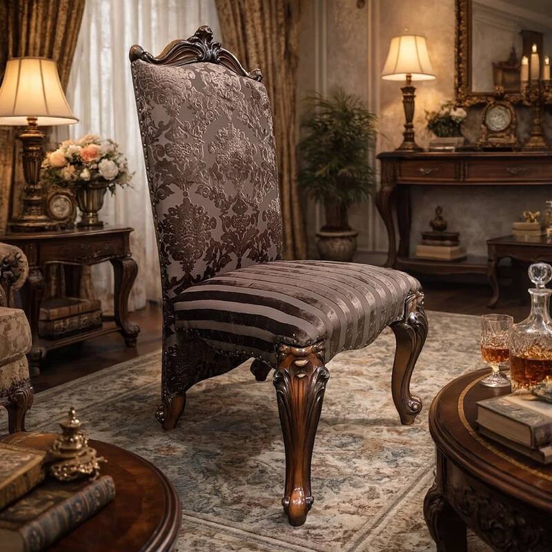 Faux Leather Upholstered Wooden Side Chair with Scrolled Carvings, Brown, Set of 2