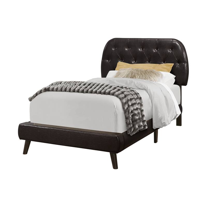Twin Size Upholstered Bed with Brown Leather Look Headboard and Wood Legs