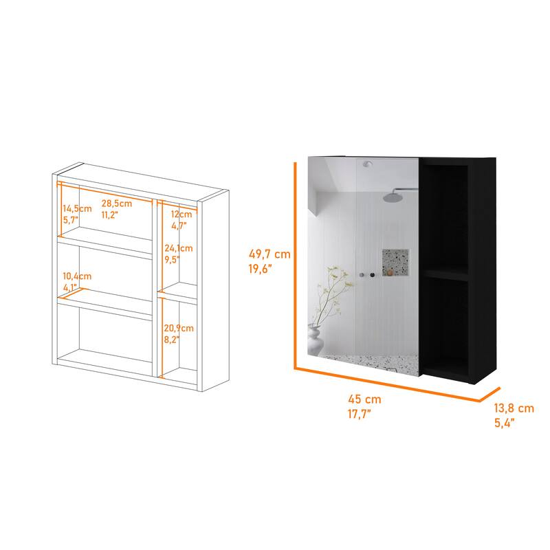 Medicine Cabinet - 17.7" W, 19" H, Mirror Door, 3 Interior Shelves, 2 Open Shelves, Wall-Mounted Storage