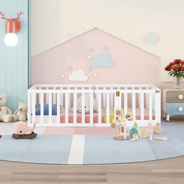 slide 2 of 37, Nordic Twin Size Wood Floor Bed Frame w/ Fence & Door Upholstered Bed
