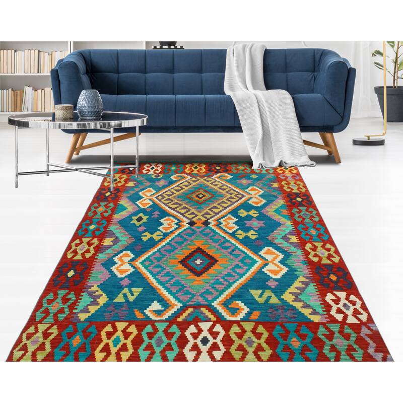 Flatweave Tansholp Blue/Red Rug - 5'0" x 6'6"