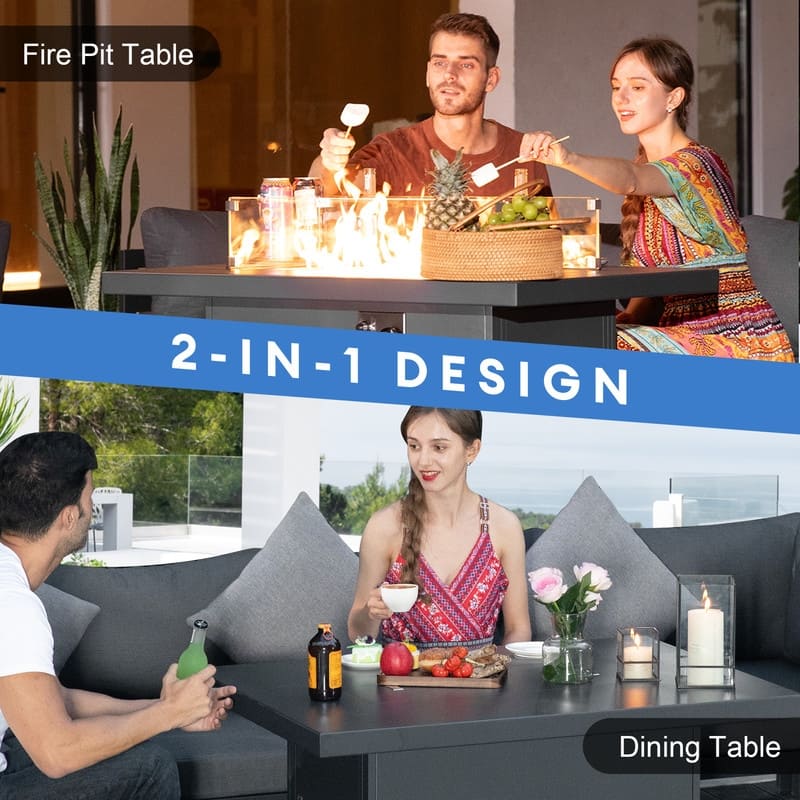 FINCATI 43" Outdoor Aluminum Fire Pit Table, 60,000 BTU Propane & Natural Gas Patio Fireplace with Wind Guard & Glass Rocks