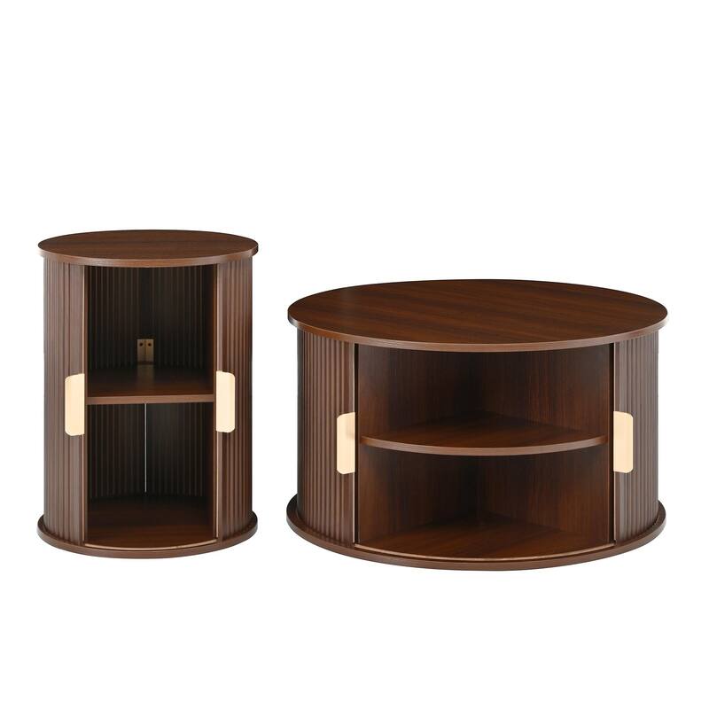 Mid-Century Coffee Table Set with Sliding Tambour Door - Round Fluted End Table with Storage