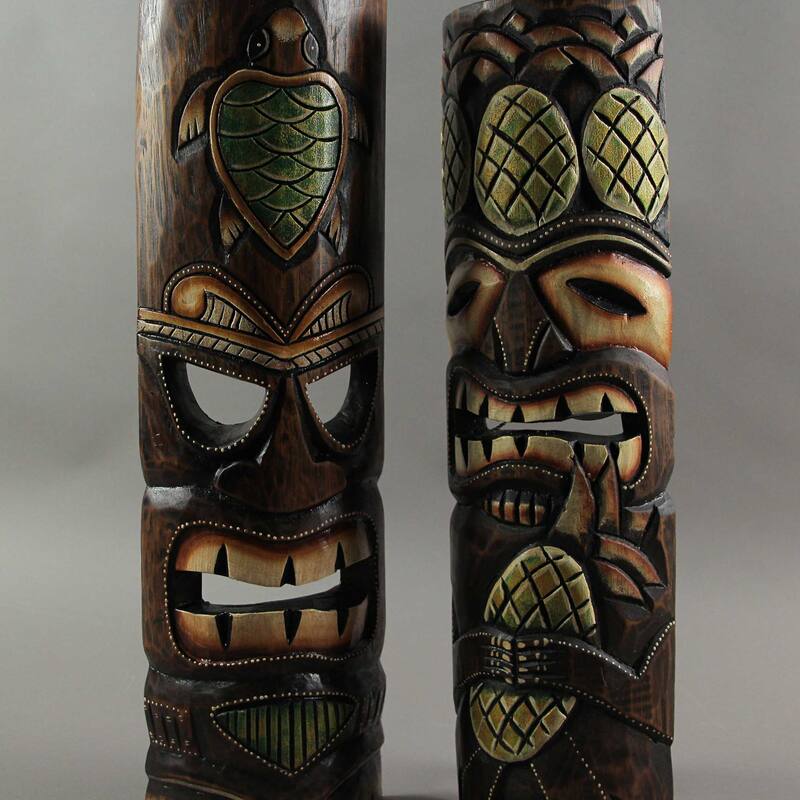 20 Inch Wood Tiki Wall Mask Pineapple And Sea Turtle ( Set Of 2)
