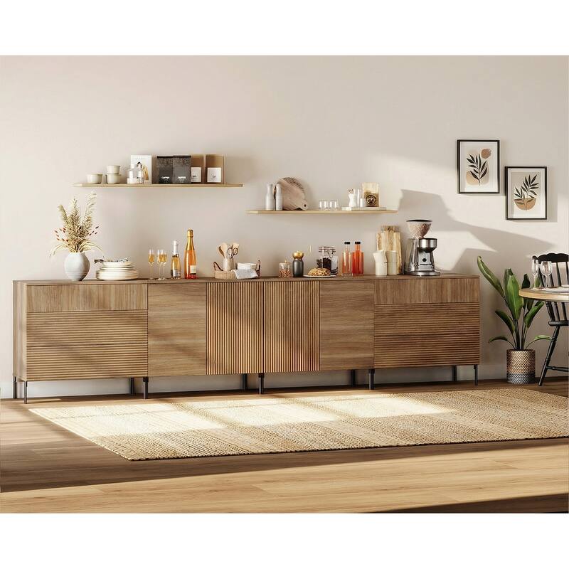 126" Modern Reeded 4-Door Sideboard With Drawers, 4-In-1 Wooden Credenza Storage Cabinet
