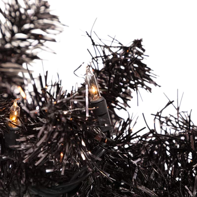 Pre-Lit Artificial Christmas Tinsel Garland - 9' x 8" - Black - Clear Lights