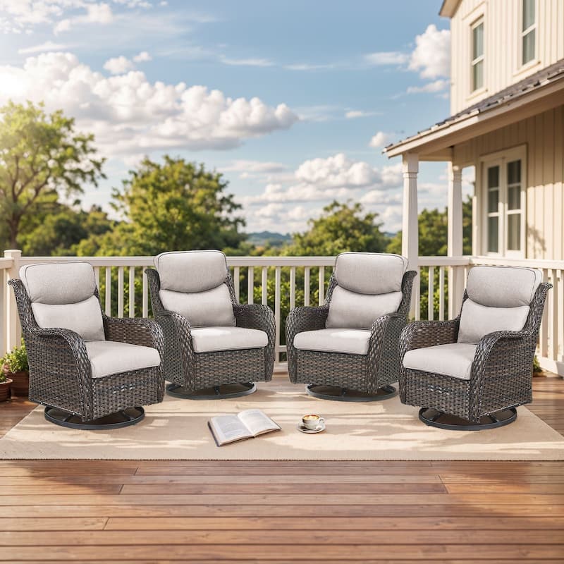 Outdoor Gliders Swivel Chairs Patio Chairs with 5-Inch Thick Cushions - Brown Rattan - Beige Cushion - 4PCS Glider Chairs