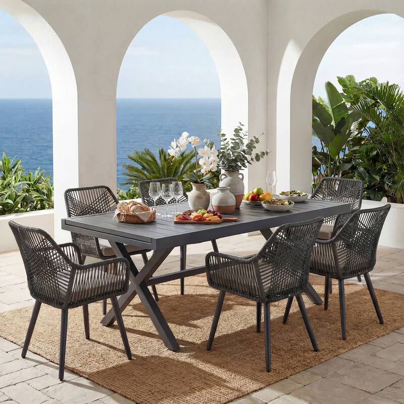 Expandable Aluminum Outdoor Dining Set with 6 Woven Rattan Chairs