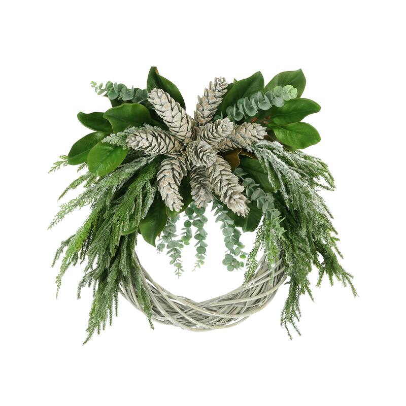 Holiday Bundle with 31" Evergreen Wreath and Centerpiece - Green, White - 28Hx31Wx14D, 13Hx33Wx16D