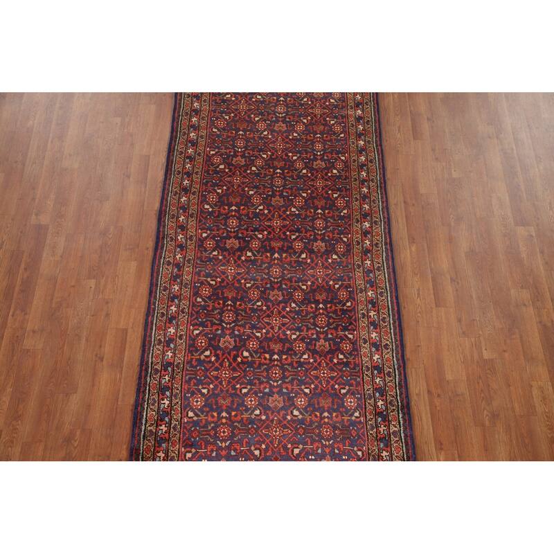 Hand Knotted Oriental 100% Wool Carpet Traditional Geometric Navy Blue & Blues Mahal Runner Rug - 9' 8'' X 3' 7''