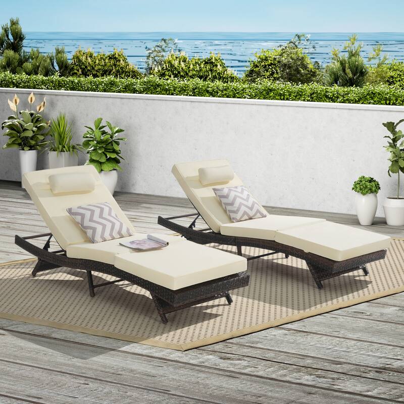 2 Piece Outdoor Wicker Long Reclining Chair Set, Sunbathing Recliner for Beach Poolside Garden - Beige