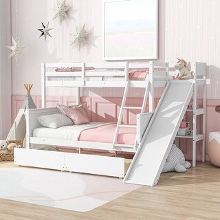 Twin Over Full Bunk Bed with Slide, Storage Drawers, Shelves, and Ladder for Kids Room
