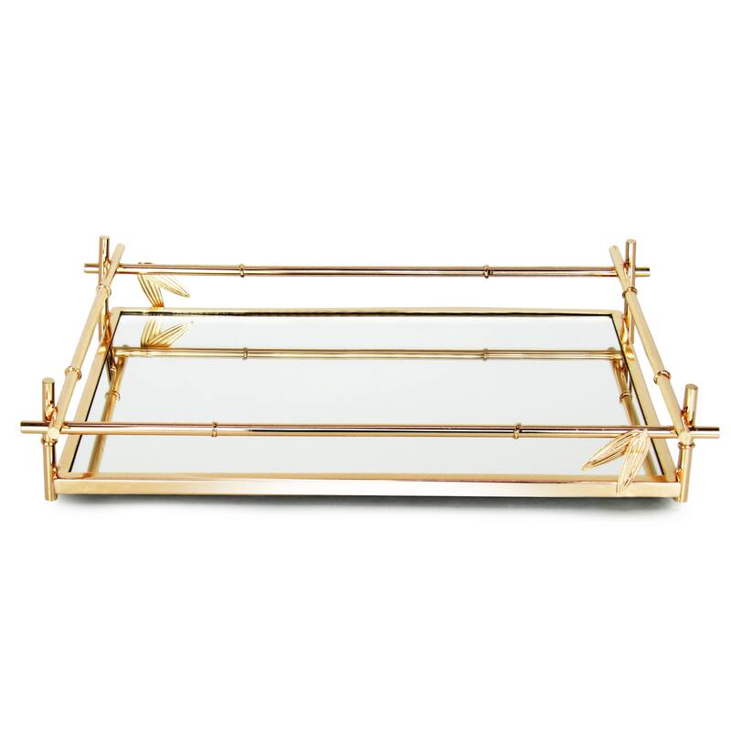 Gold Bamboo Style Rectangle Metal Mirror Decorative Tray Serving Platter