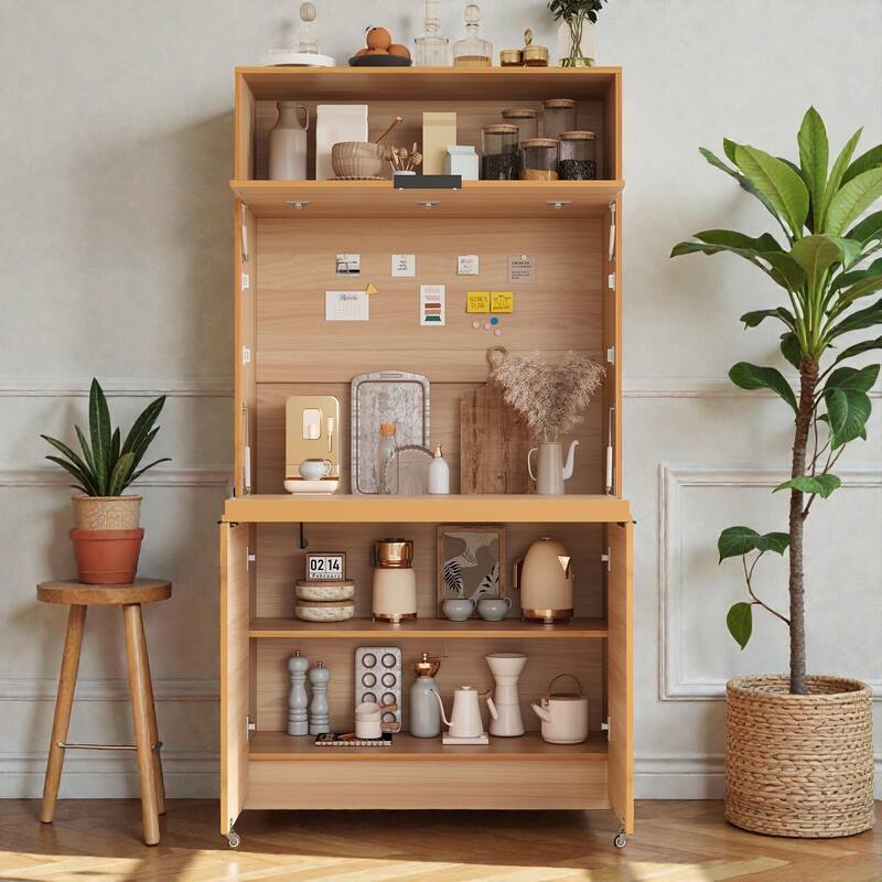 Compact Kitchen Pantry Cabinet with Hutch, Foldable Workstation, Power Outlet, 69 Inch Buffet Storage