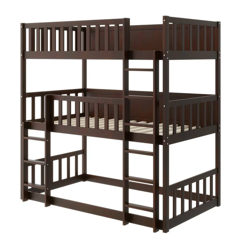 Triple Twin Size Rubber Wood Bunk Bed with Ladders and Guardrails, Detachable, Espresso