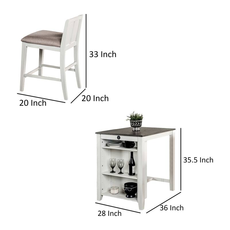 Lessi 3pc Counter Height Table Set with Side Shelf, USB , White Gray Wood