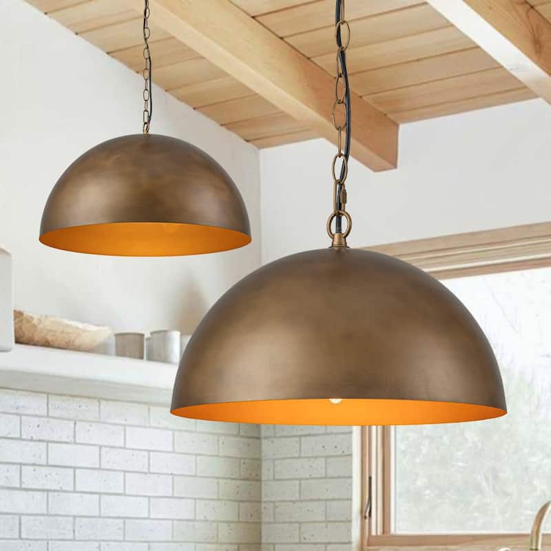 1-Light Antique Brass Industrial Dome Pendant