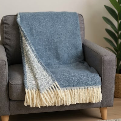 HomeRoots 55" X 70" Slate Blue And White Cotton Blend Woven Chevron Plush Throw Blanket with Fringe