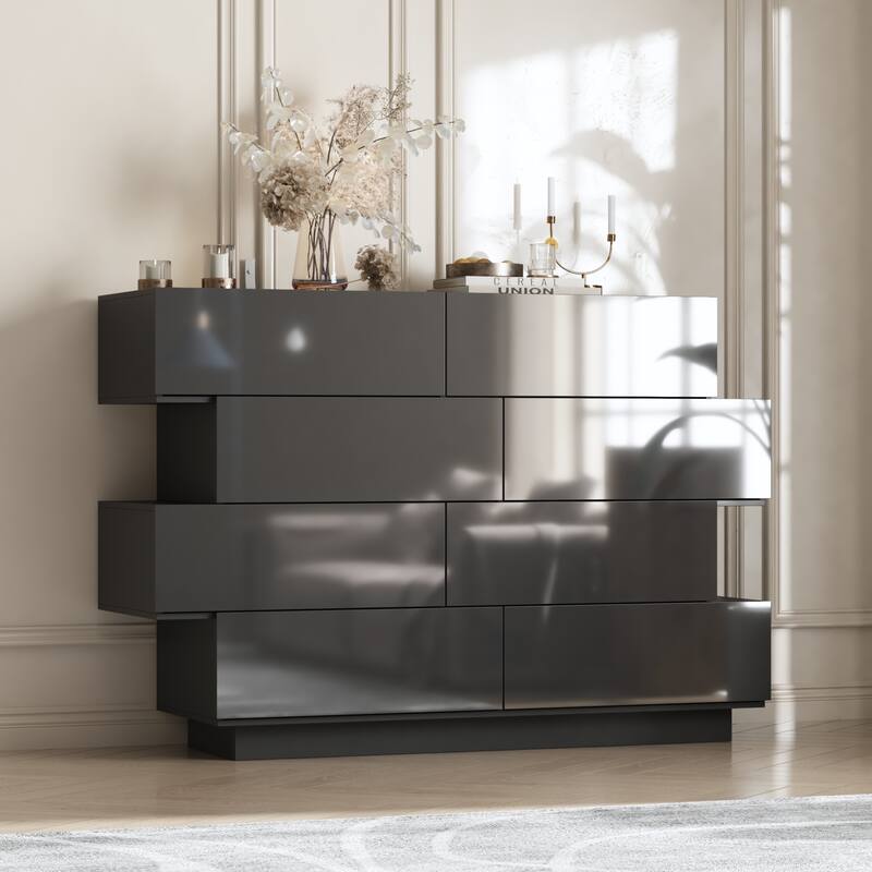 Sleek High Gloss White Eight-Drawer Dresser, Storage Unit Chest