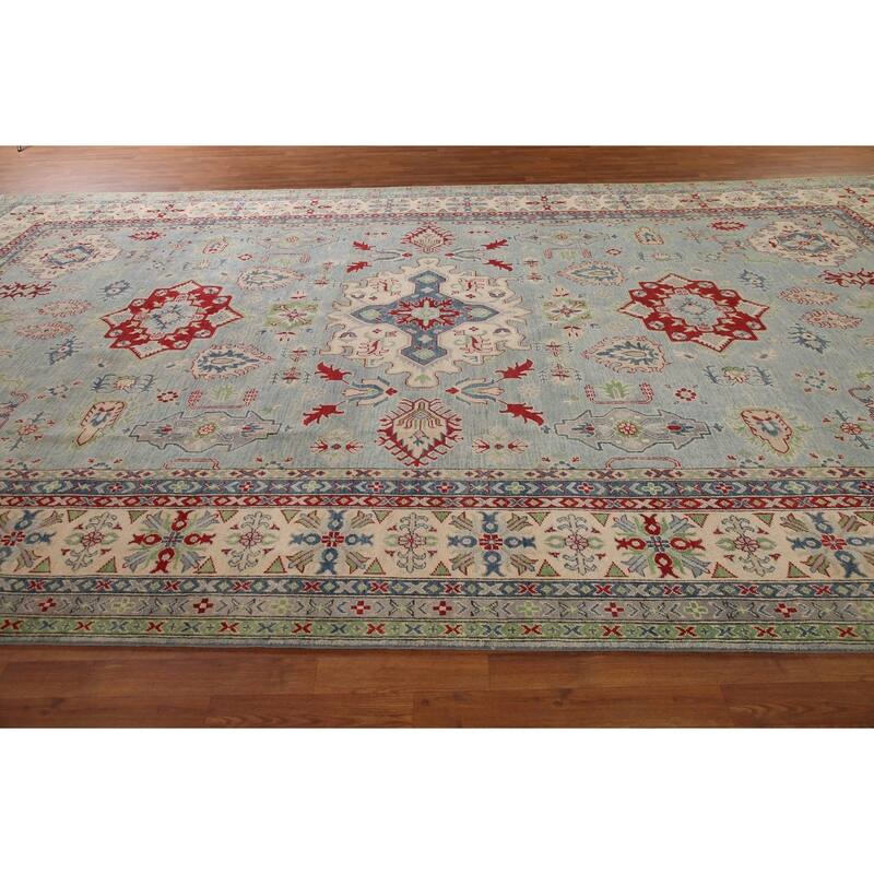 Hand Knotted Oriental 100% Wool Carpet Traditional Geometric Navy Blue & Blues Kazak Area Rug - 16' 3'' X 9' 9''