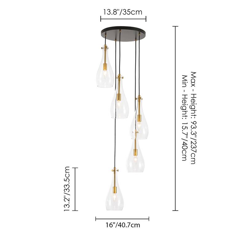 5-Light Modern Black Cluster Raindrop Clear Glass Chandelier for Kitchen Island, Staircase, Hallwya