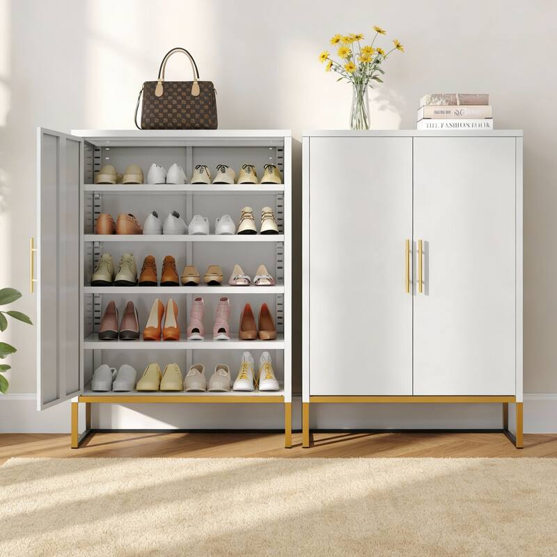 40" Tall 2-Door Metal Shoe Cabinet - 7-Tier Hidden Organizer with Adjustable Shelves for Entryway, Closet, Bedroom