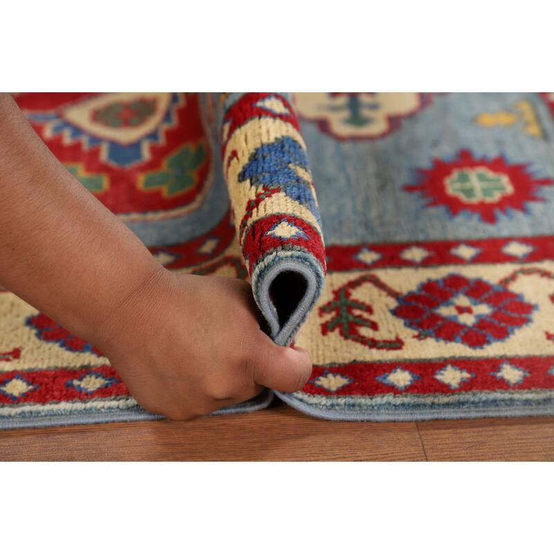 Blue Geometric Kazak Oriental Accent Rug Handmade Wool Carpet - 3'4" x 4'9"