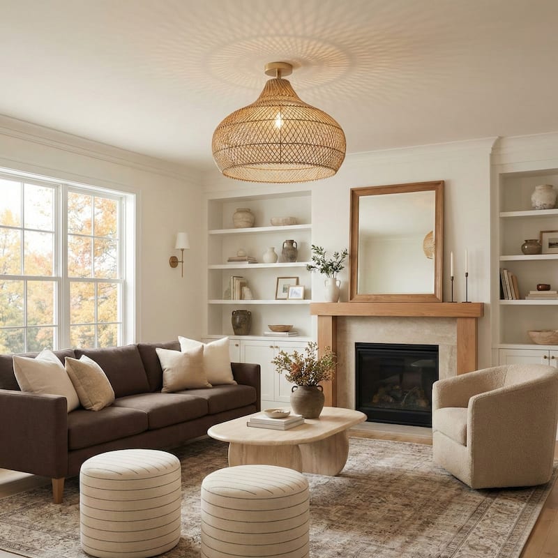 Kloe Rattan Flush Mount - Rattan Natural 1-Light Handwoven Ceiling Light for Bedroom or Dining Room in Farmhouse, Modern Style