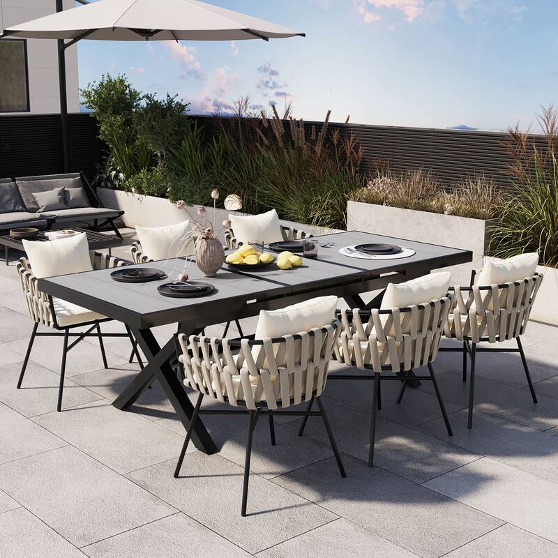 Iron Frame 7-Pieces Outdoor Dining Table with 6 Single Chairs - Beige