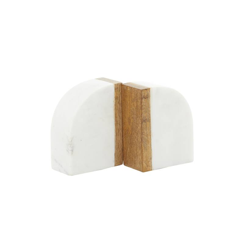White Marble 5 lbs Decorative Bookends with Wood Details (Set of 2)
