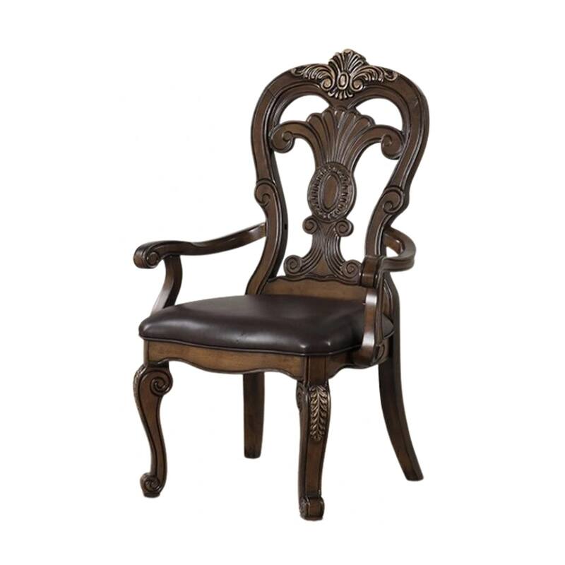 Leova Armchair Set of 2, Ornate Corbels, Dark Brown Wood, Faux Leather