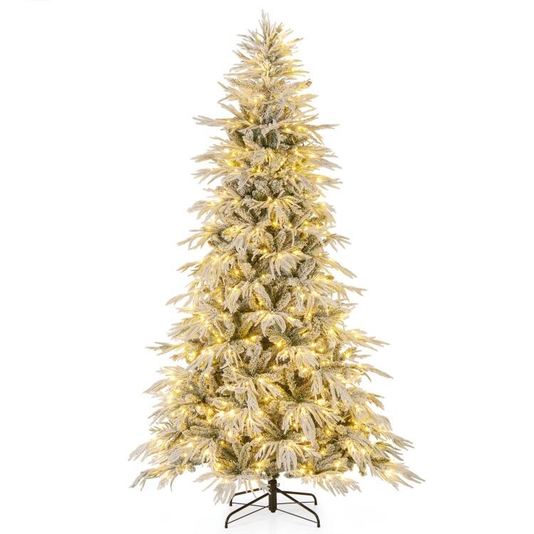 Pre Lit Snow Flocked Artificial Christmas Tree with Warm White LED Lights and Metal Stand - 8 Foot