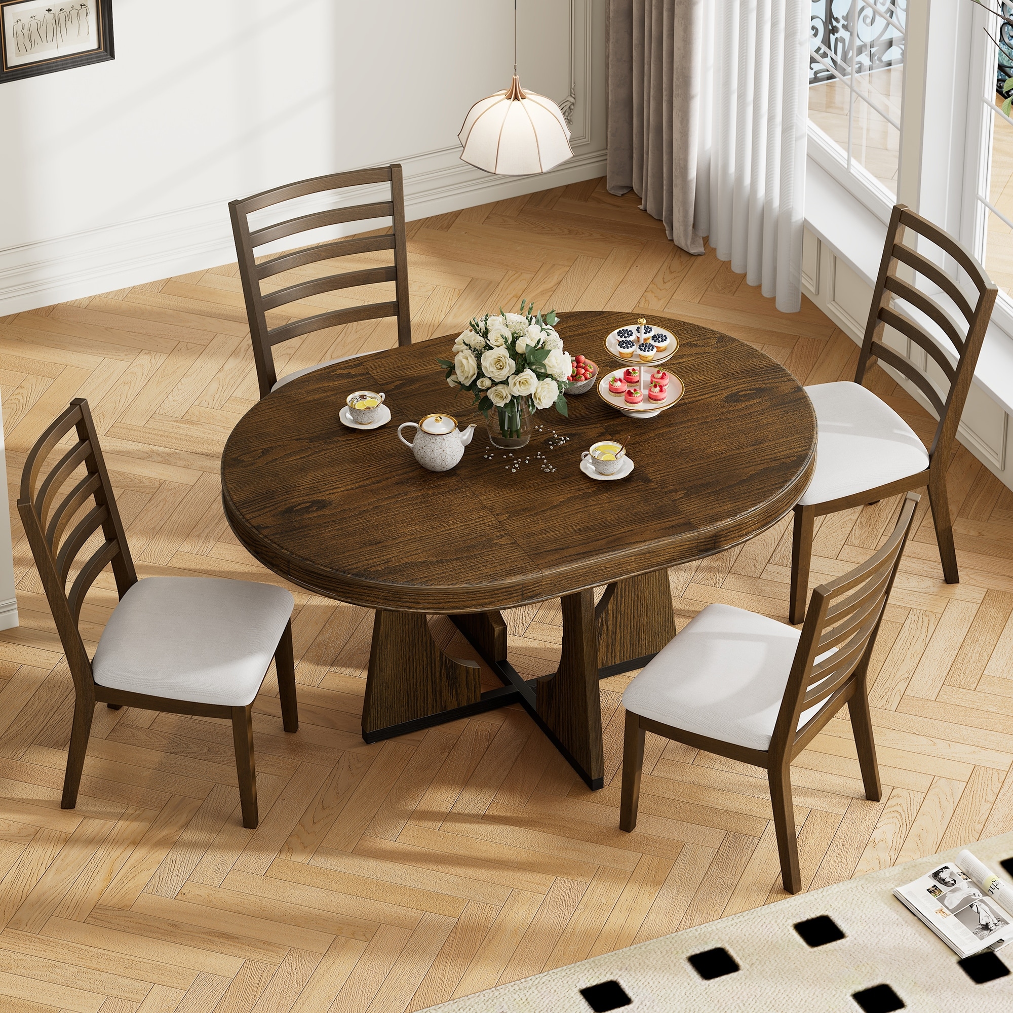 4 Slat Chairs with Extendable Round Dining Table Set of 5, Dining Table Set