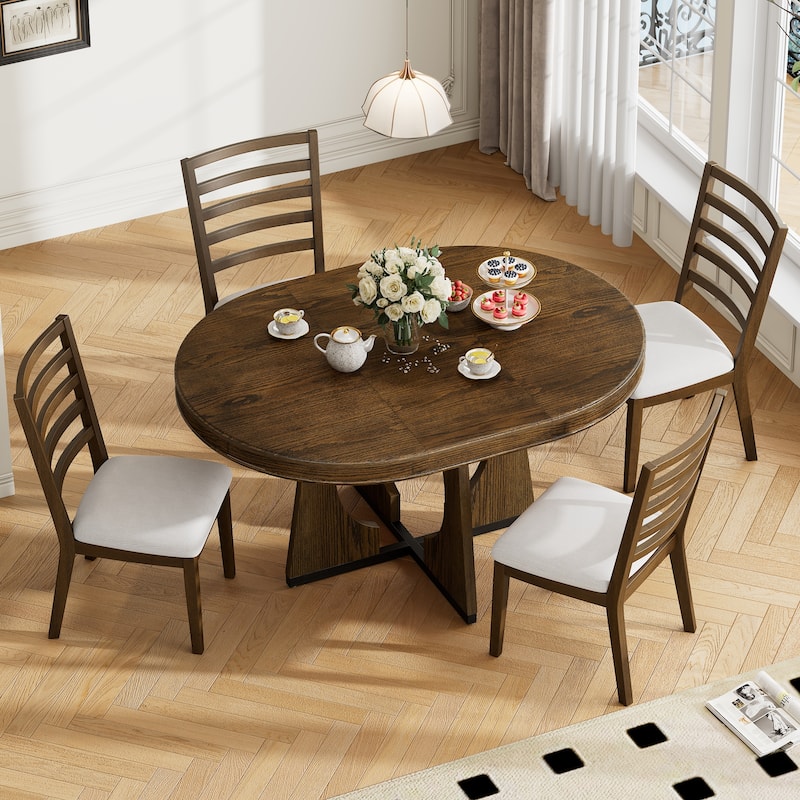 5 Piece Dining Table Set, Extendable Dining Table Set, Round Table with Wooden Tabletop and 4 Upholstered Chairs