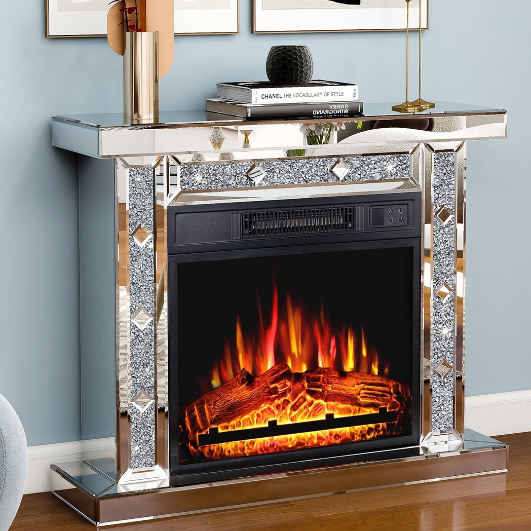Mirrored Electric Fireplace with Crushed Diamond Inlay