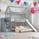 preview thumbnail 12 of 18, Wooden Twin-Over-Twin Bunk Bed with Slide, Multifunctional House Bed with 2 Storage Drawers Grey