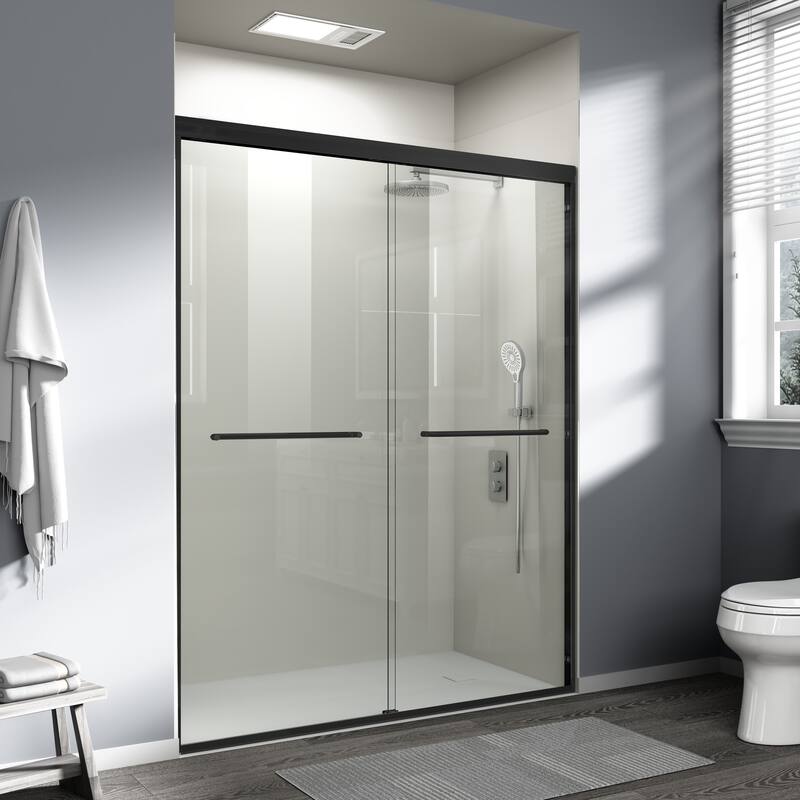 ABRUZZO 56-60" W x 72" H Semi-Frameless Double Sliding Tempered Glass Shower Door with Dual Towel Bars