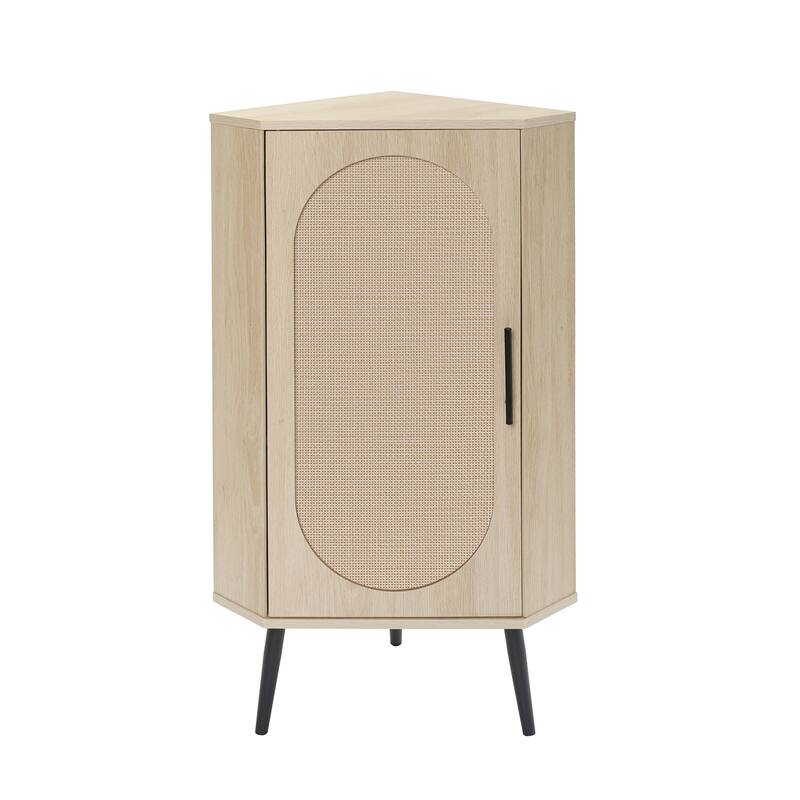 Roomfitters Corner Cabinet with Rattan Door, Freestanding Storage Shelf Stand for Small Spaces