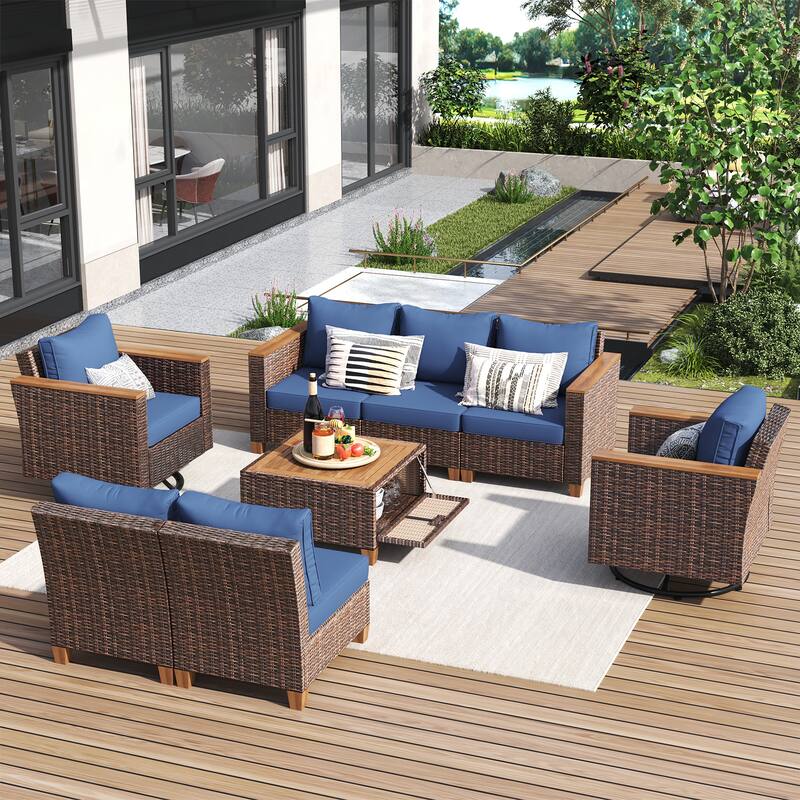 8-Piece Patio Furniture Set with Storage Table and Rattan Swivel Rocking Chairs, Outdoor Wicker Conversation Set for Backyard - Blue Brown