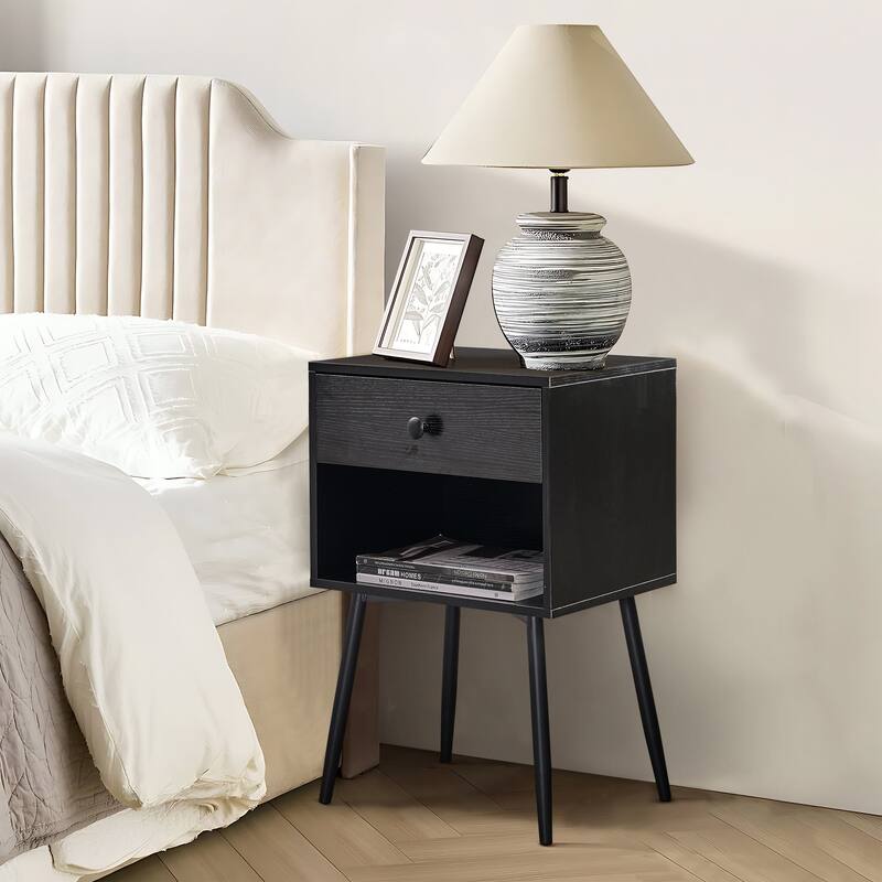 VECELO Nightstand Set of 2 Mid Century 1-Drawer Nightstand with Enclosed Open Shelf Multi-Color Options for Bedroom Living room