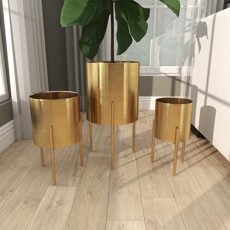 Metal Indoor Outdoor Planter with Removable Stand - Set of 3 Gold, Silver, Black, White, Teal, Yellow - Roche River Decor
