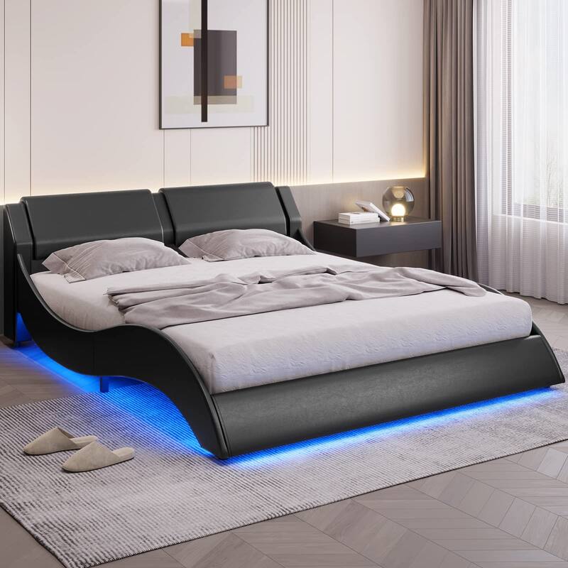 Queen Modern Upholstered Platform Bed Frame with LED Lights WaveLike