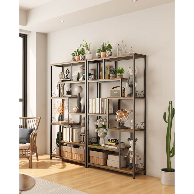 7-Shelves Staggered Bookcase Industrial Etagere Bookcase, Open Book Shelves