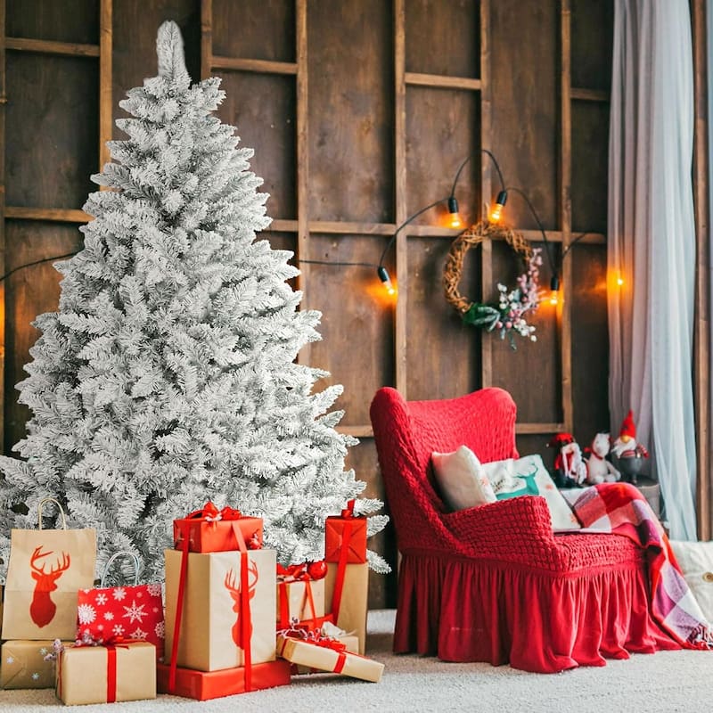 Suncrown 6ft/7ft Artificial Snow Flocked Christmas Tree with Metal Stable Stand Base for Indoor and Outdoor Holiday Decoration
