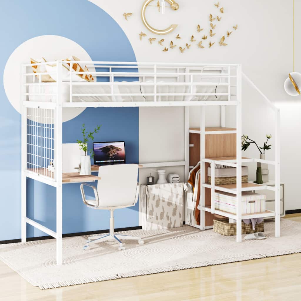 Full Size Metal Loft Bed with L-Shaped Desk, Wardrobe & Storage Ladder, White