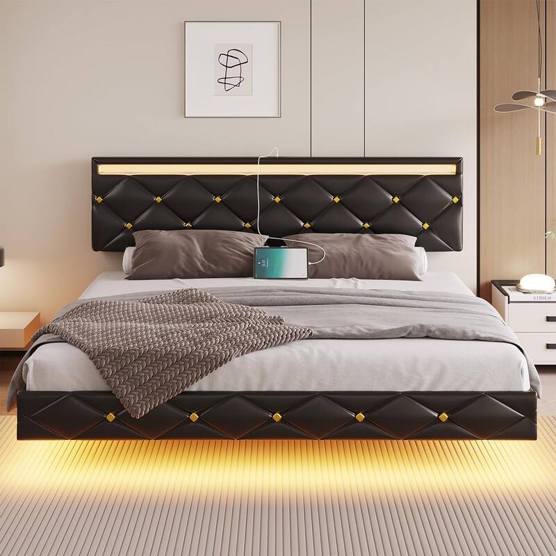 Floating Bed Frame LED Lights USB Ports Low Profile Faux Leather