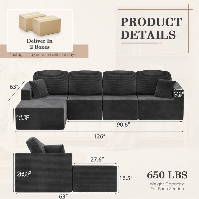 L Shaped Modular Sectional Couch, 126" Boneless Couches for Living Room, Modern Cloud Couch with Chaise Lounge
