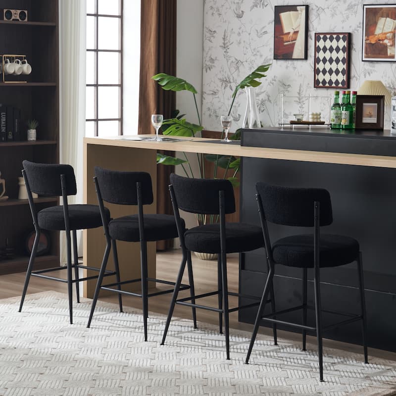 Set of 4 Modern Teddy Fabric Upholstered Bar Stools, Metal Base High Stool Suitable for Kitchen, Dining and Living Room