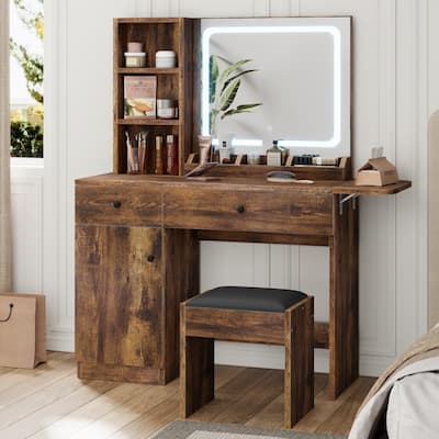 Vanity Desk with LED Lighted Mirror & Power Outlet