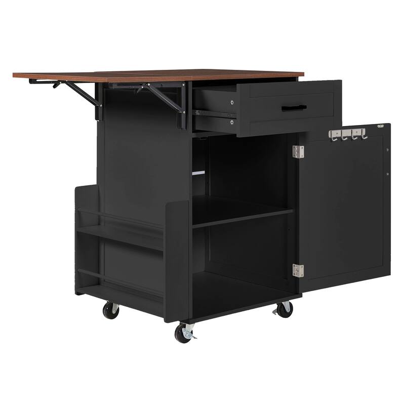 39.3" Kitchen Island with Drop Leaf, Kitchen Storage Island with Open Side Rack, One Drawer, Towel Rack, with Lockable Wheels